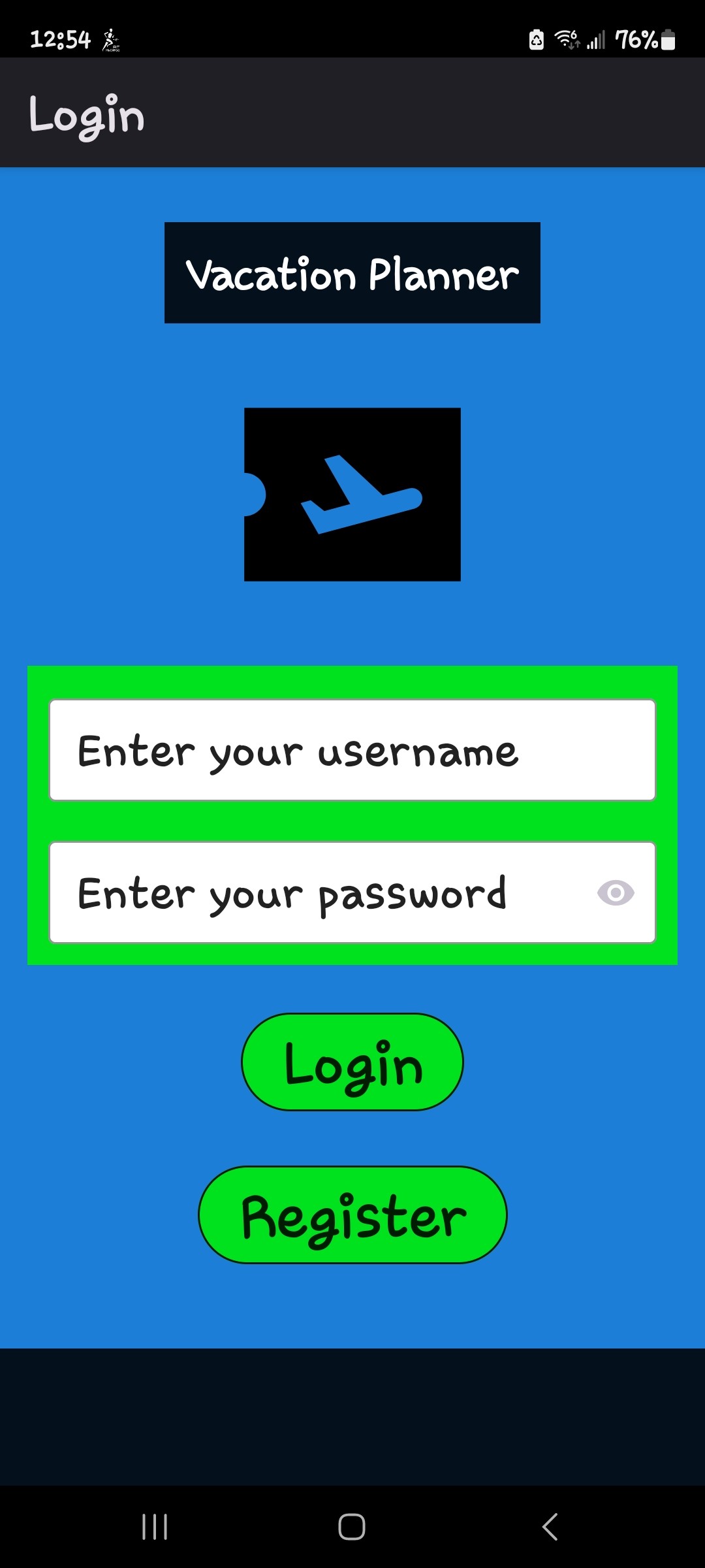 Log in screen